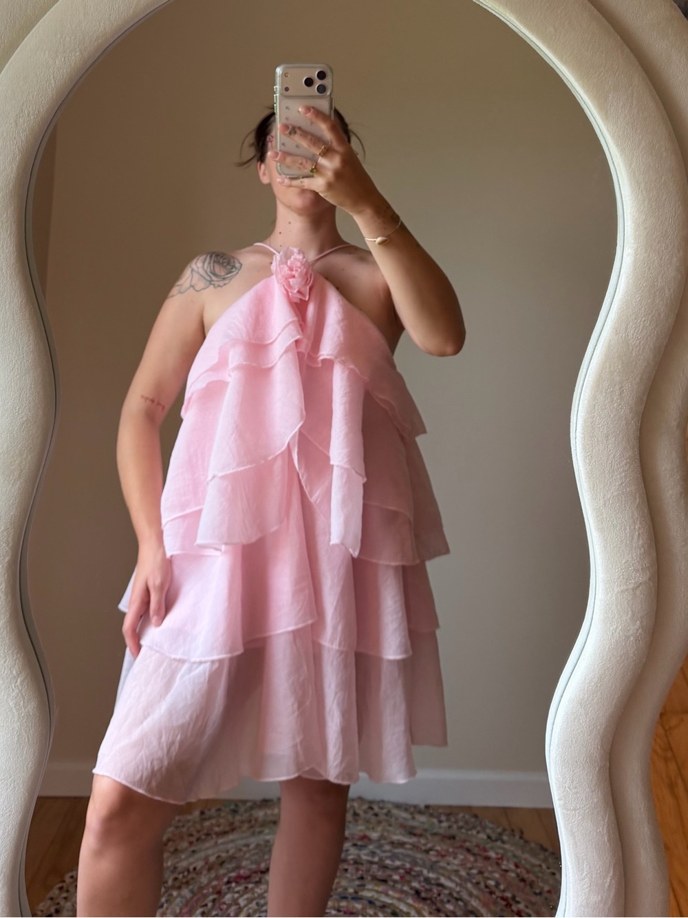 Womens Pink Layered Ruffle Halter Dress